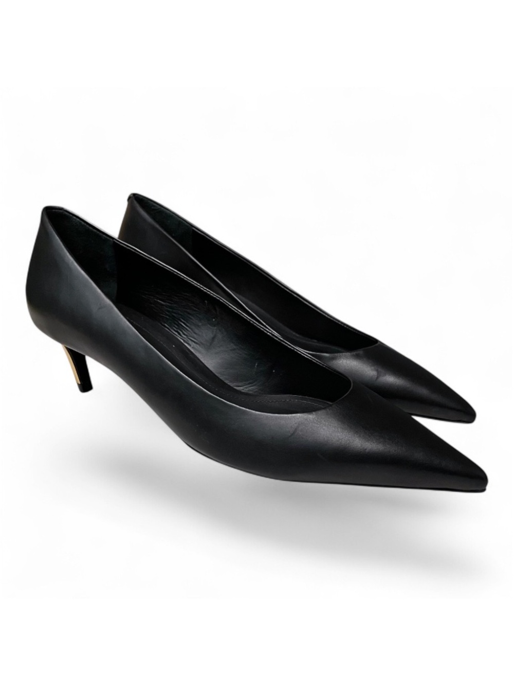 Schutz Lou Mid Curve Black Leather Kitten Heel Pumps Gold Heel Pointed Toe 7.5 B